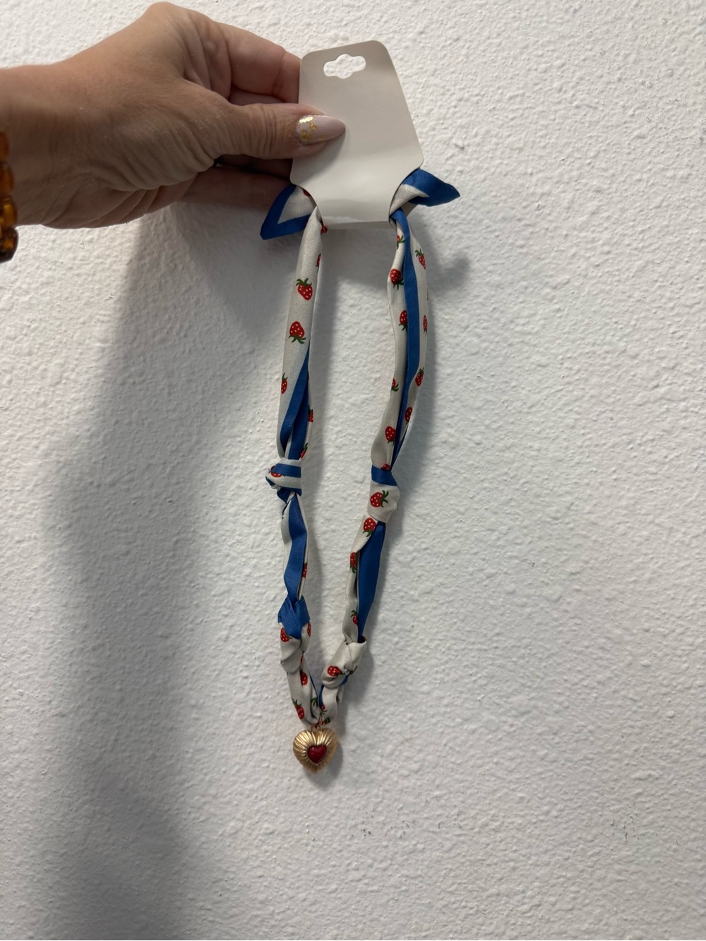 Blue & White Strawberry Print Scarf Necklace with Gold Heart Pendant
